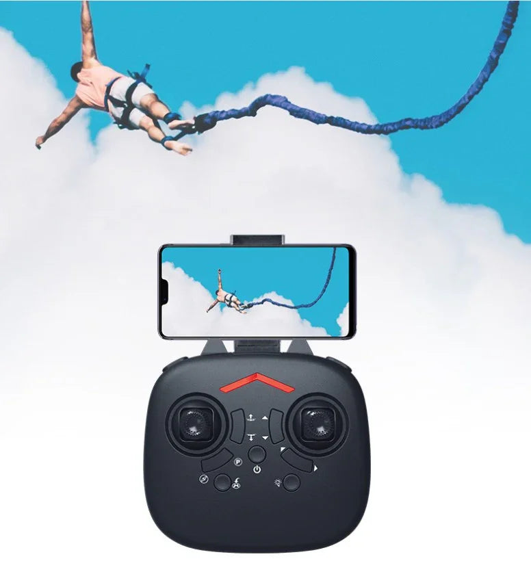 Control remoto de dron con pantalla mostrando salto en bungee, cielo azul y nubes.