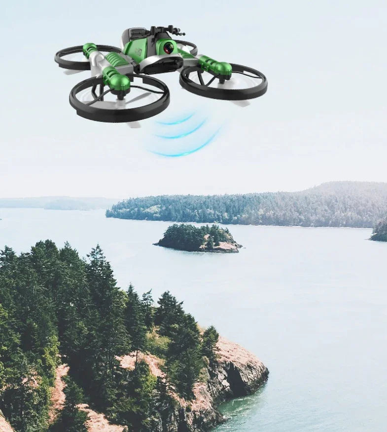 Drone verde volando sobre paisaje de río y bosque, ideal para fotografía aérea 4K.