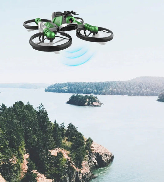 Drone verde volando sobre paisaje de río y bosque, ideal para fotografía aérea 4K.