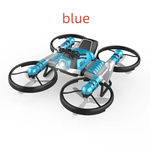 Moto-dron azul de diseño futurista con hélices protegidas, ideal para fotografía aérea.