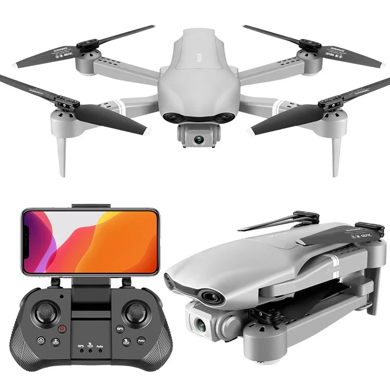 Drone plegable gris con cámara 4K, control remoto y soporte para smartphone