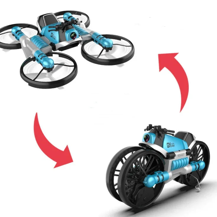 Moto-dron 2 en 1 azul y negro transformable en dron volador y motocicleta, tecnología avanzada.