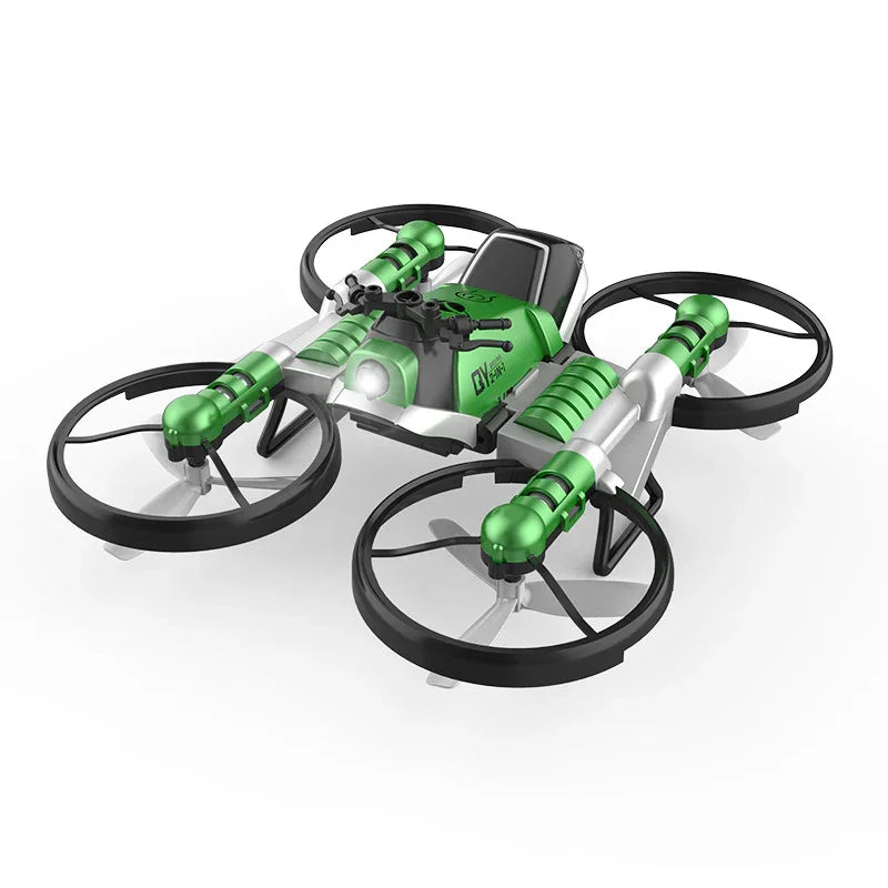 Moto-dron 2 en 1 verde con hélices y diseño plegable para fotografía aérea avanzada