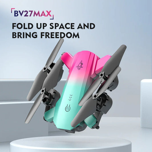 Drone plegable BV27MAX rosa y verde con hélices, en fondo minimalista y texto promocional.