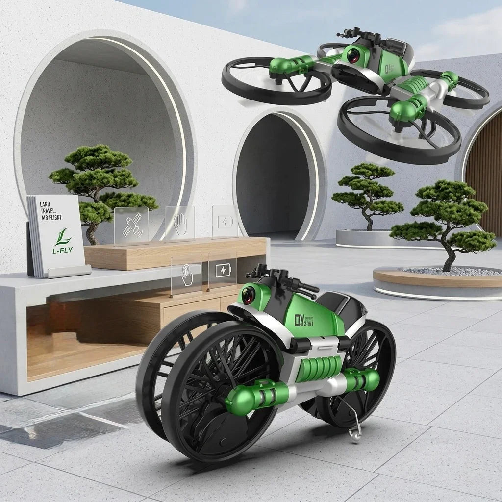 Moto-dron 2 en 1 verde y negro, volando y en modo terrestre, en un entorno moderno con bonsáis.