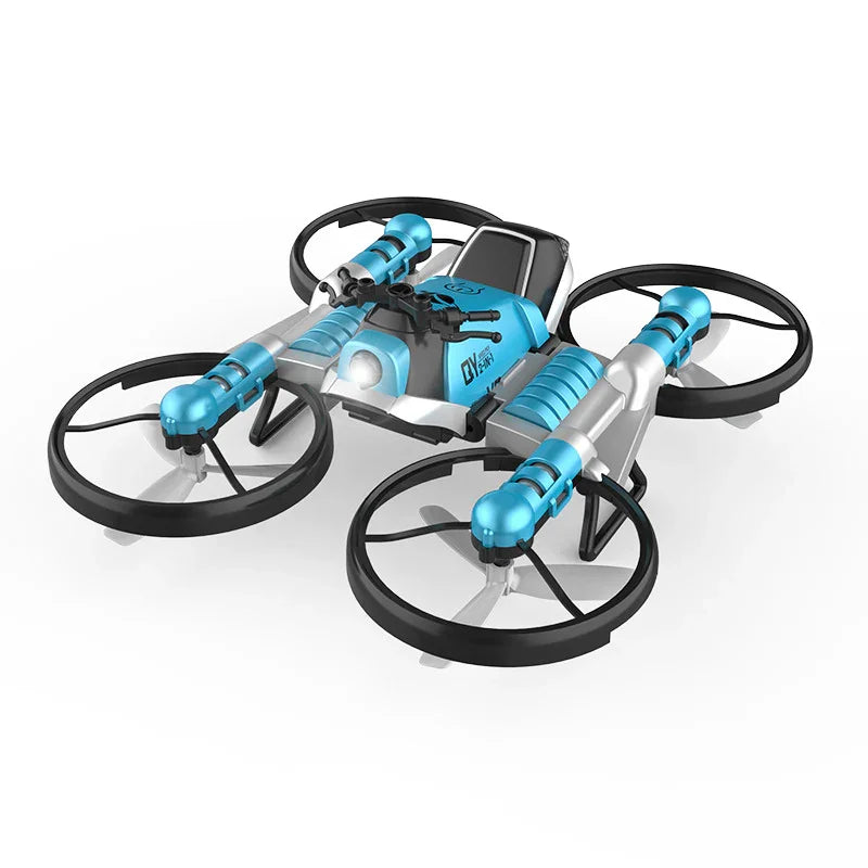 Moto-dron azul y negra con diseño plegable y hélices expuestas sobre fondo blanco