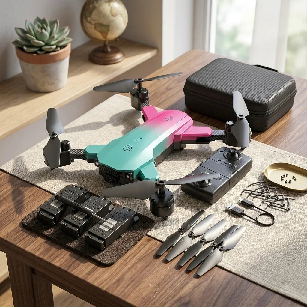Drone plegable bicolor con cámara 4K sobre mesa, control, baterías y hélices de repuesto.