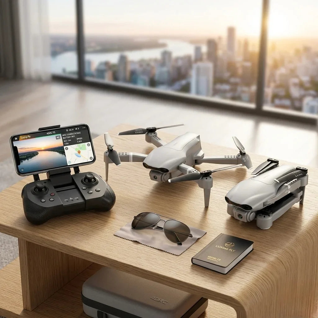 Dron plegable con cámara 4K y control remoto en mesa junto a ventana con vista urbana