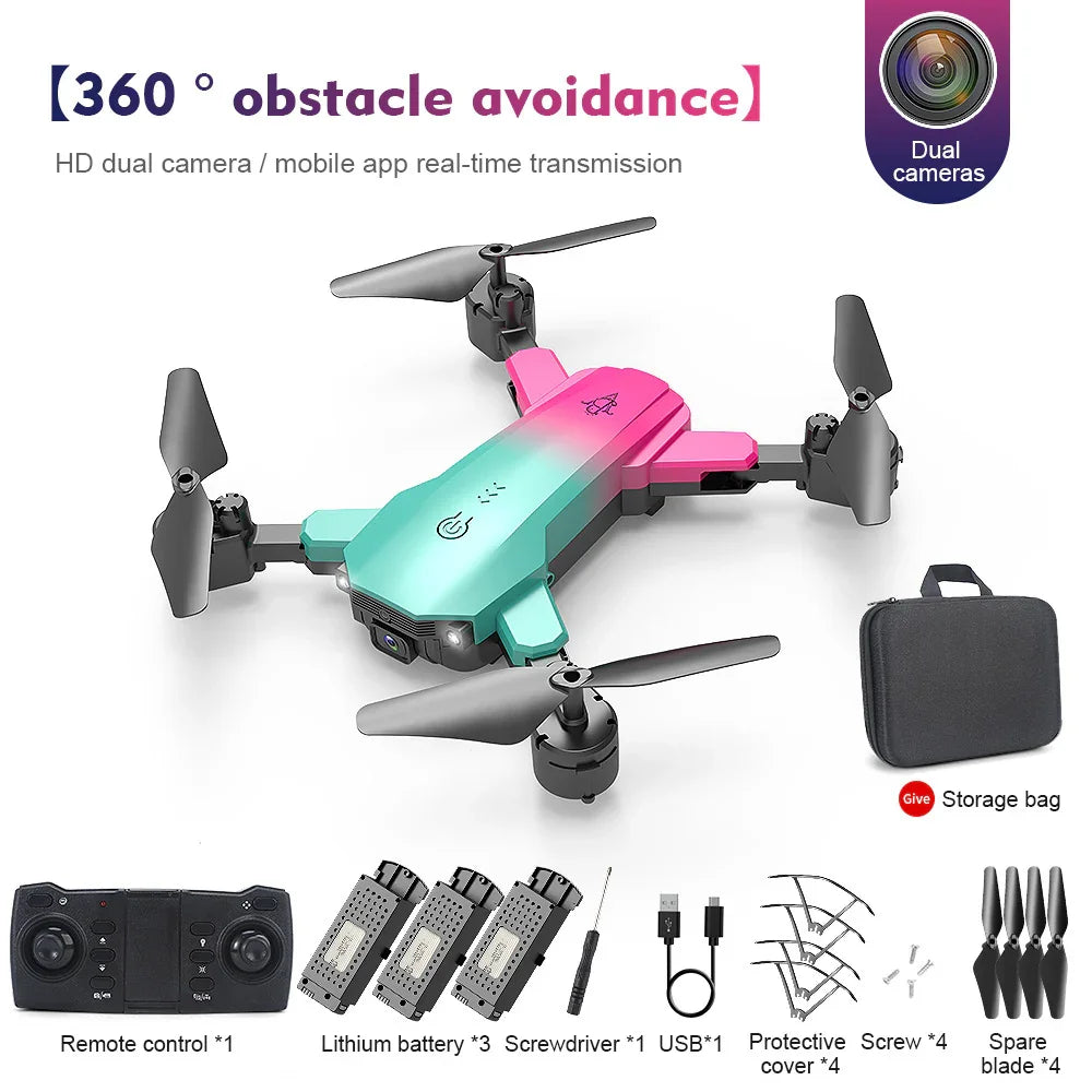 Drone plegable con cámara dual 4K, control remoto, baterías, hélices y bolsa de transporte.