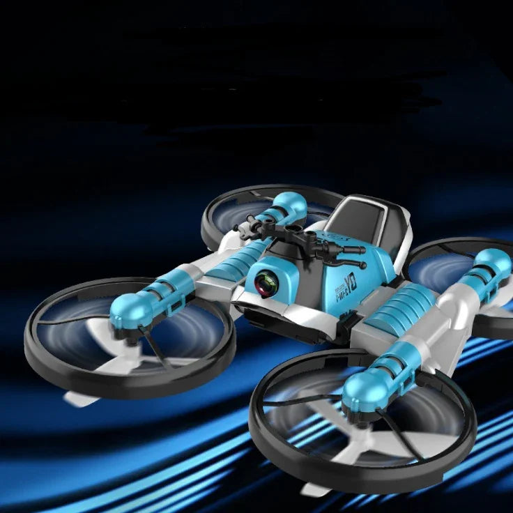 Moto-dron azul y blanco con cámara 4K volando, diseño plegable, fondo oscuro futurista.