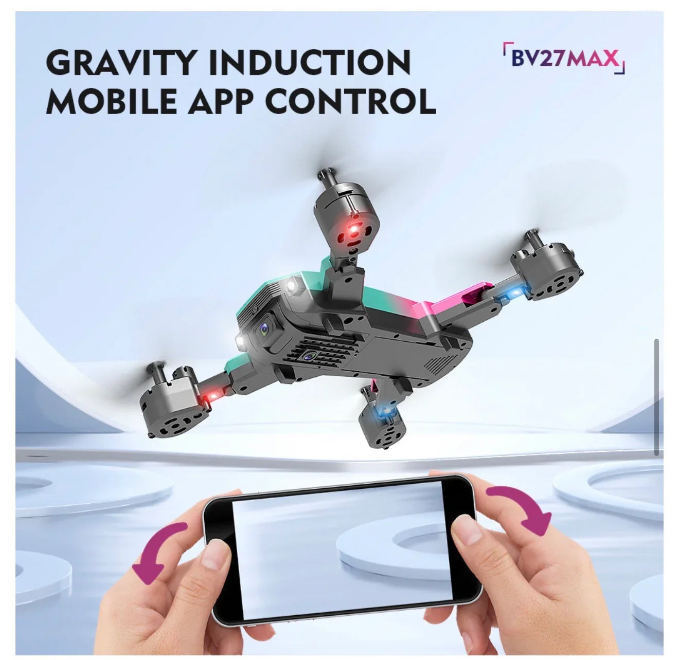 Dron con cámara 4K controlado por app móvil utilizando inducción de gravedad, fondo moderno.