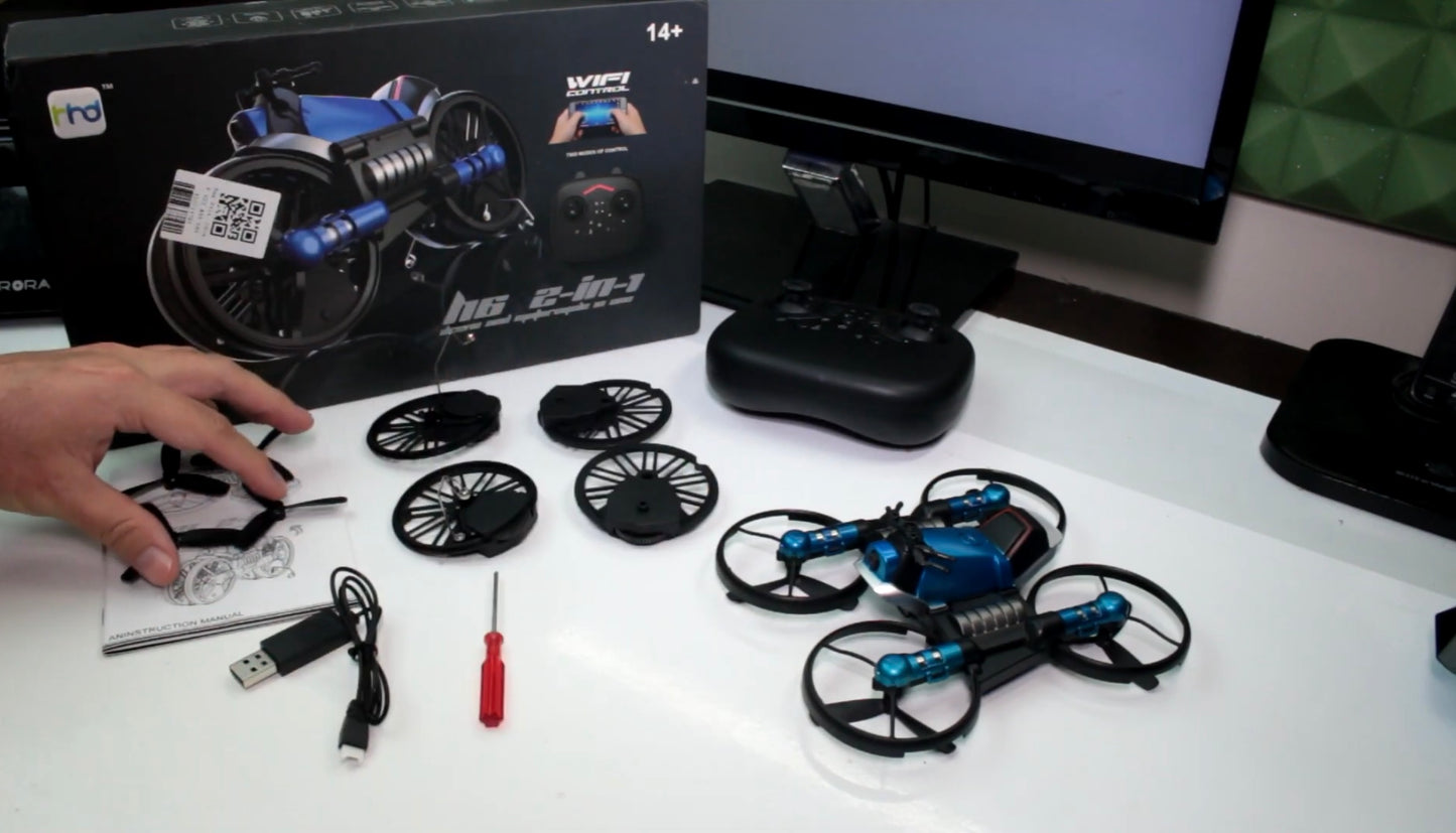 2-in-1 Transformer Drone: Racing Motorcycle and HD Quadcopter with Watch Control