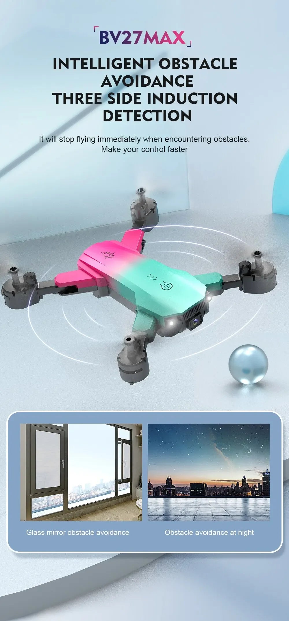 Mini dron BV27MAX con detección de obstáculos y tecnología de evitación inteligente, ideal para interiores y fotografía aérea.