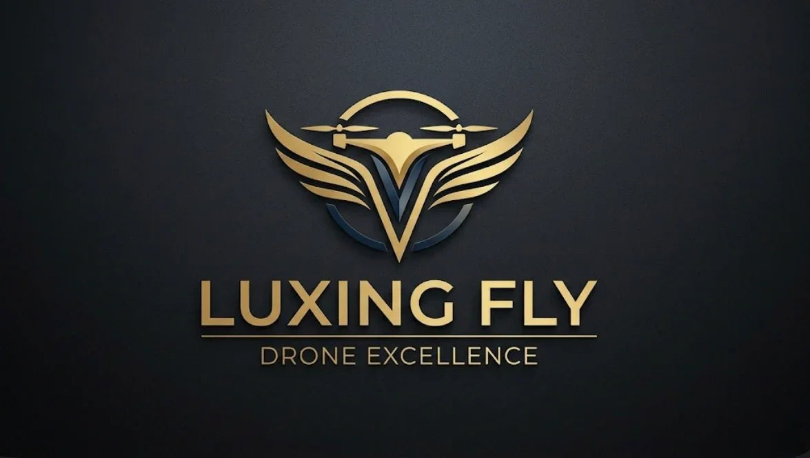 Logotipo dorado de drone con alas y texto Luxing Fly sobre fondo oscuro, concepto de drones avanzados.