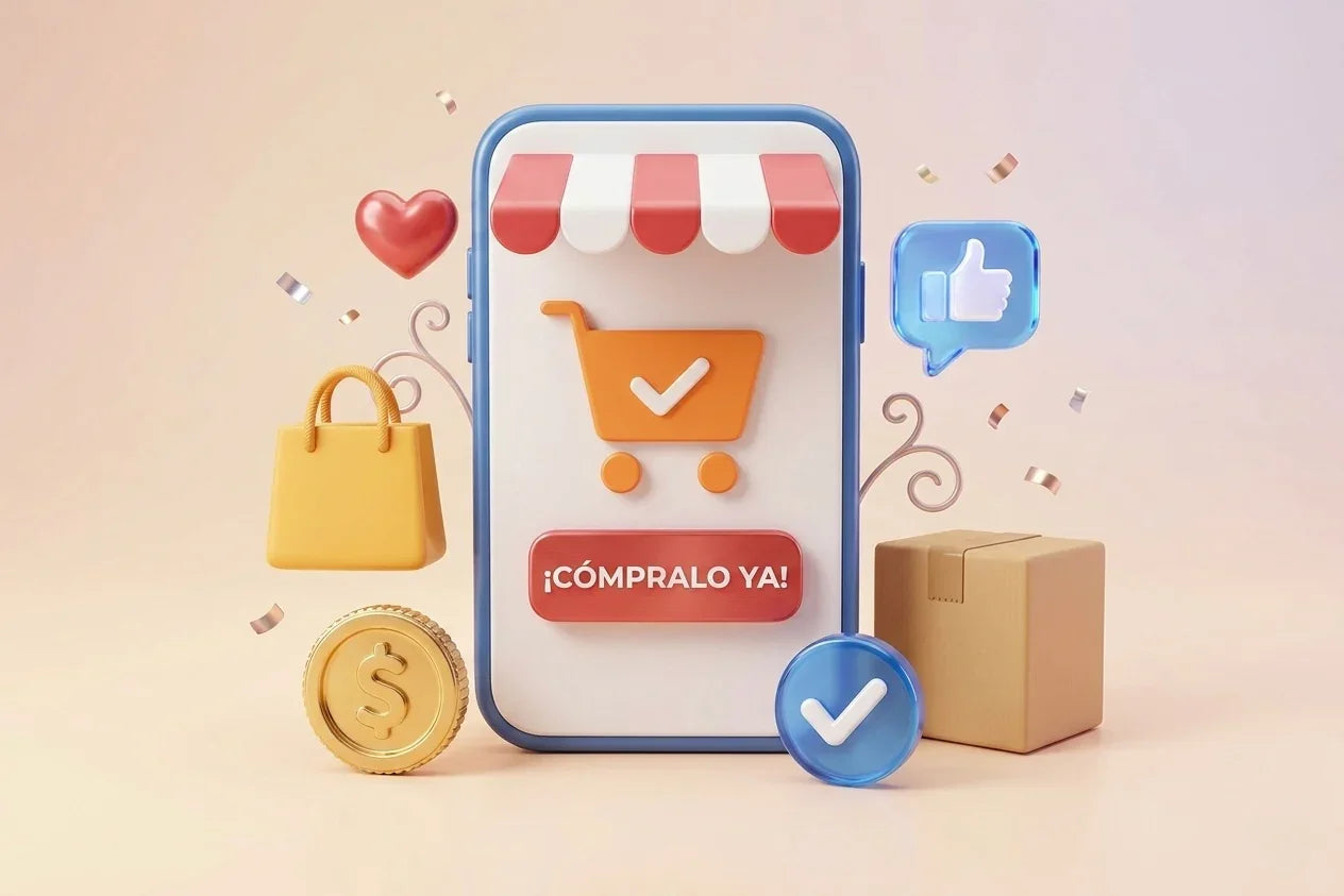 Ilustración de compra online en móvil con íconos de carrito, caja, bolsa y moneda dorada