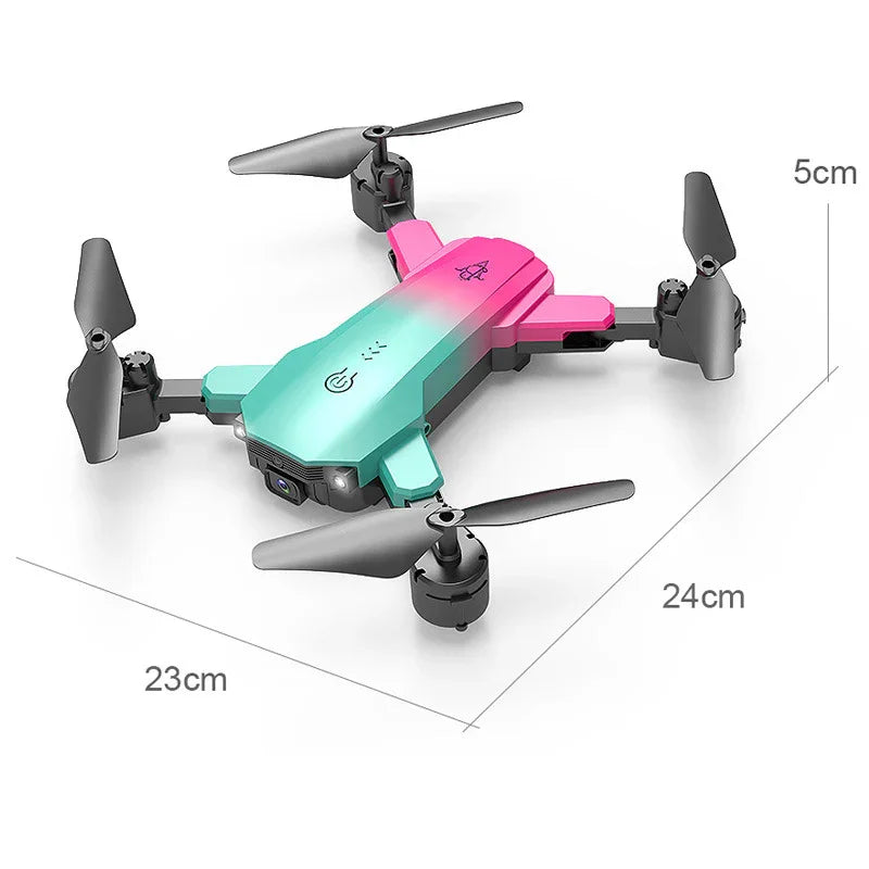 Drone plegable bicolor con cámara y cuatro hélices, dimensiones 24x23x5 cm, fotografía aérea.